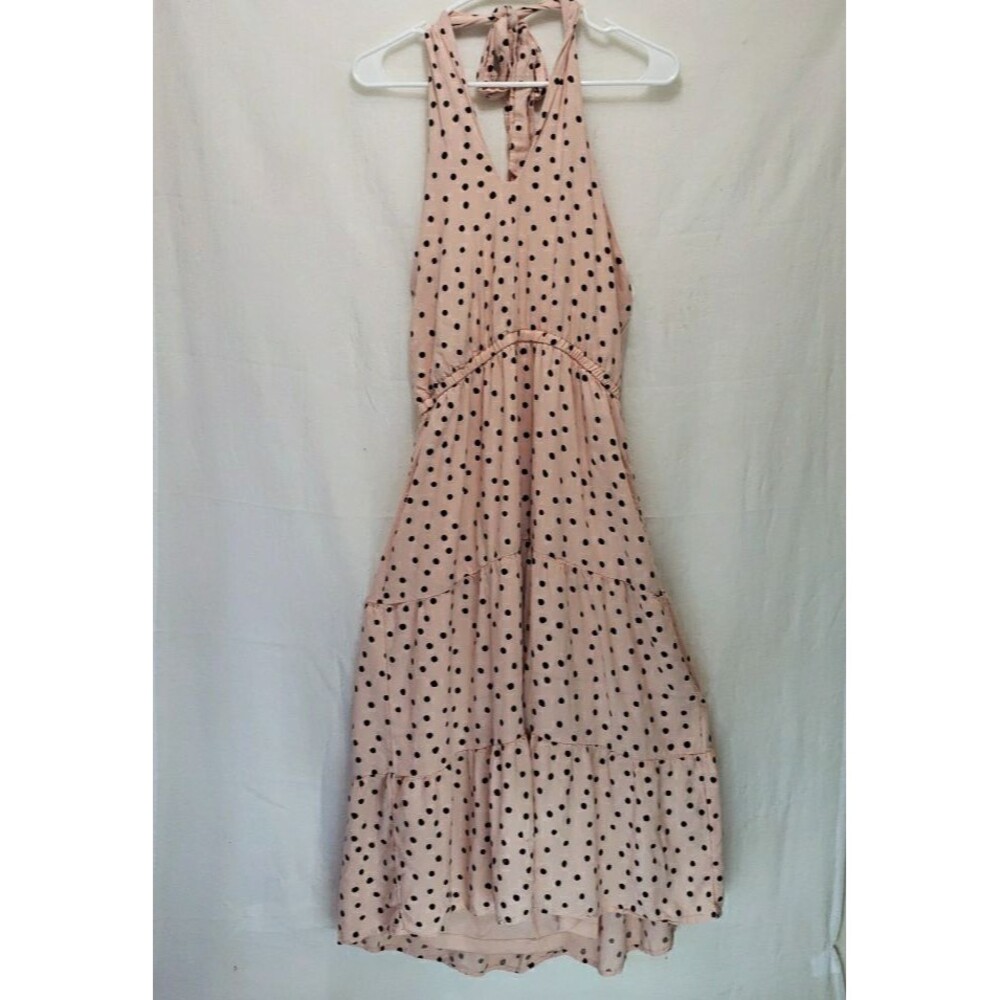 Maurices Blush Pink Black Polka Dot Halter Maxi Dress Medium Smocked Tiered Boho